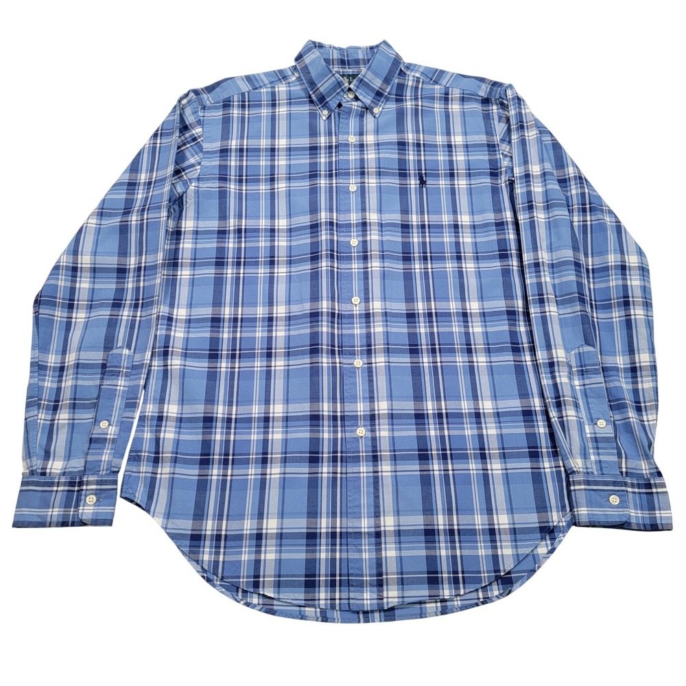 Men's Polo Ralph Lauren Plaid Button Down‎ Shirt, Blue, Size M, Pre-Owned